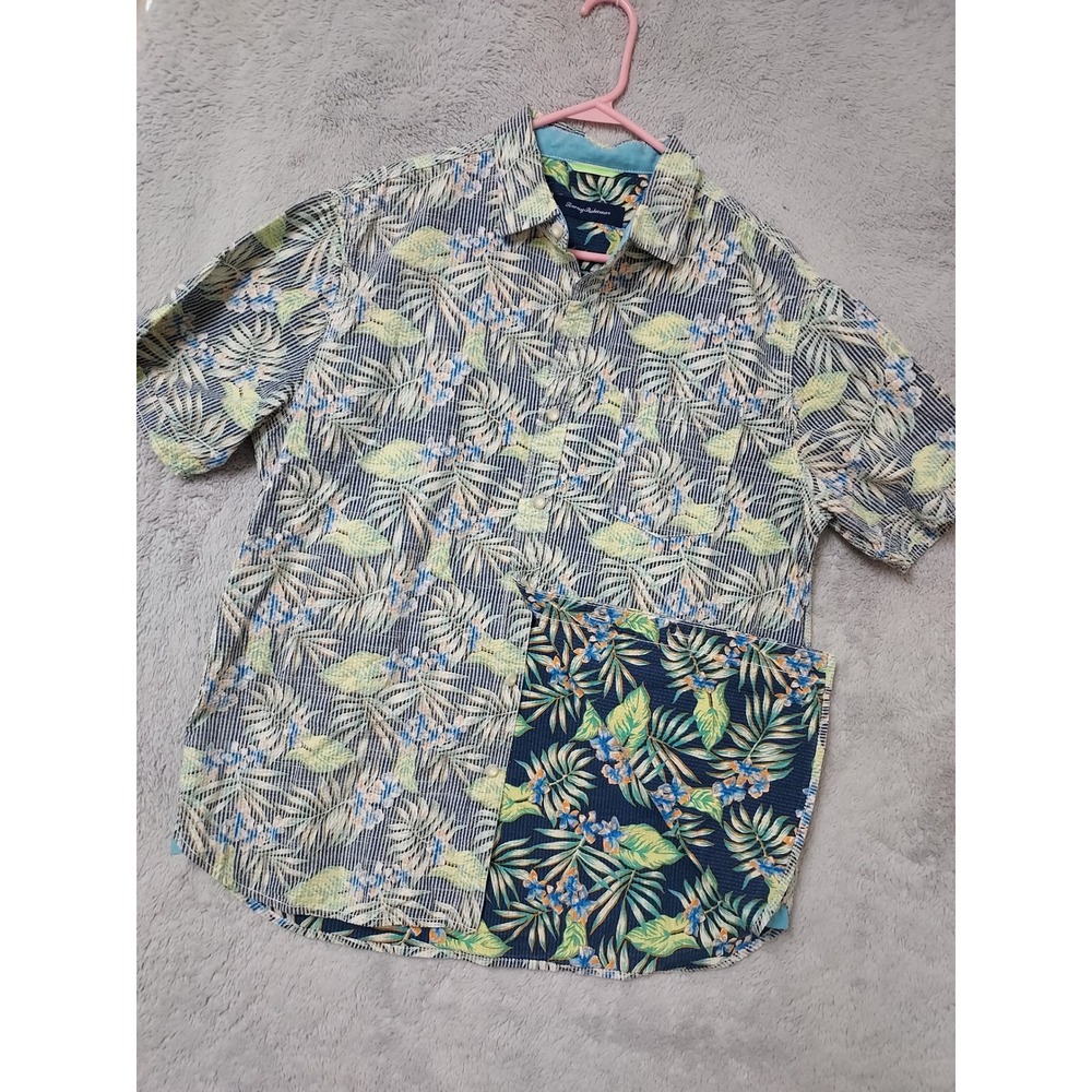 Tommy Bahama Shirt Men Large Reverse Print Tropical Floral Stripe Green Tropical